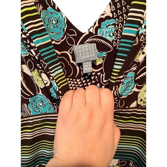 Rabbit Fit & Flare Dress Women's 10 Black Floral Polyester Stretch Surplice Neck - Picture 3 of 7